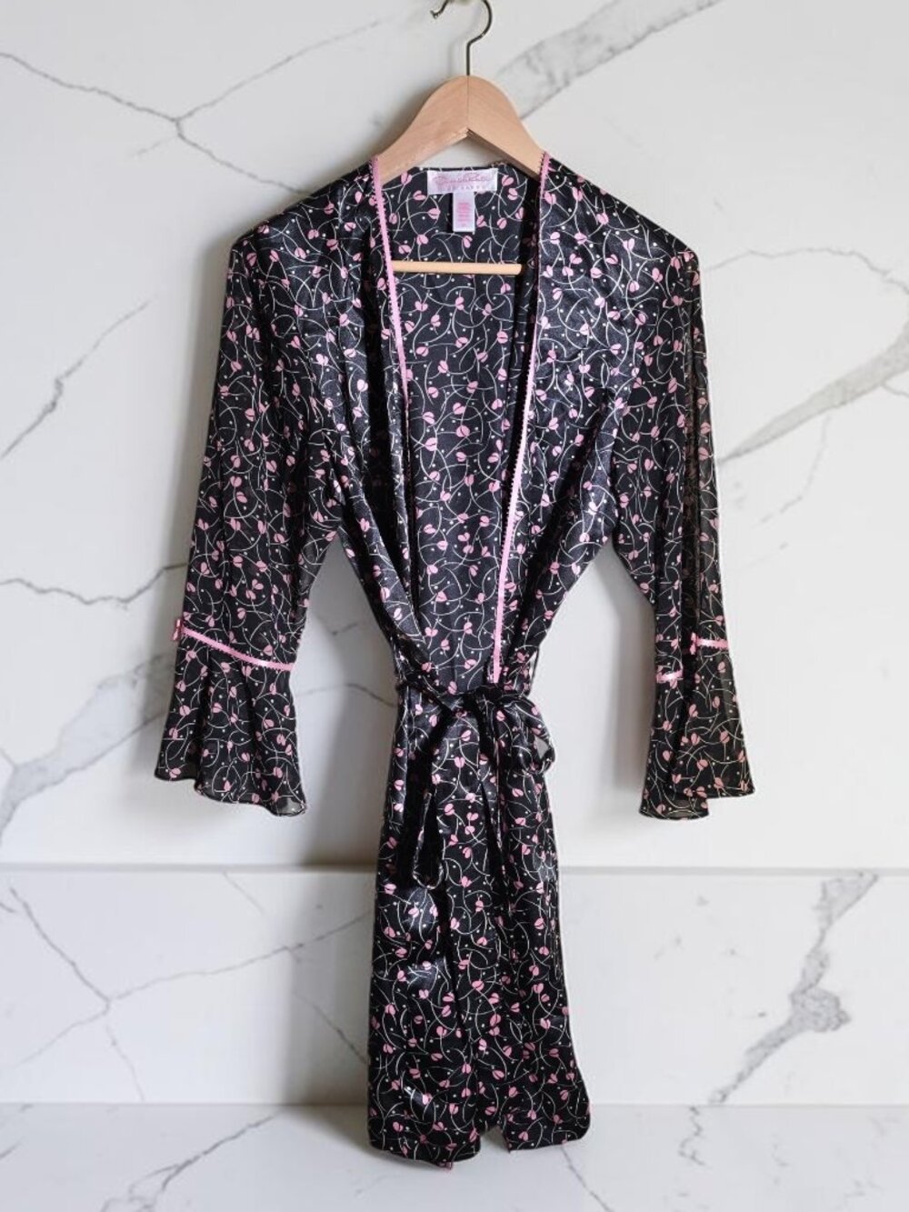 NWT Oscar de la Renta Pink Label Dancing Hearts Satin Kimono Robe Size Medium